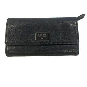 Fossil Dawson Black Pebbled Leather Fold Over Multi-pocket Clutch Wallet